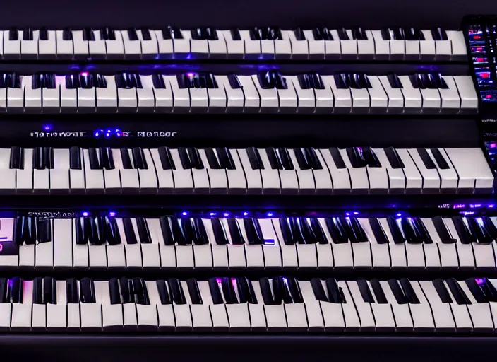 Prompt: photo still of a rack of keyboard synthesizers, 8 k, studio lighting, overhead light