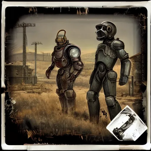 Image similar to polaroid hyper realistic fallout New Vegas brother hood of steel paladin in t-51b power armor by Tarkovsky