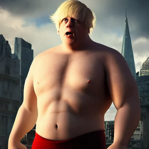 Image similar to Boris Johnson with captain underpants body, realistic artstyle, wide shot, dramatic lighting, octane render, hyperrealistic, high quality, highly detailed, HD, beautiful, cinematic, 8k, unreal engine, facial accuracy, symmetrical
