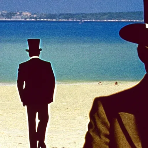 Prompt: the godfather wears a top hat. 5 0 mm, cinematic, technicolor. sea and beach and an elegant woman in the background