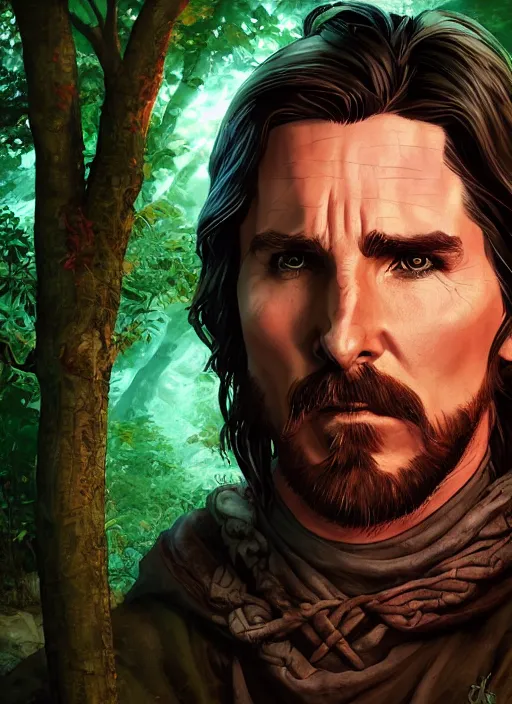 Prompt: A fantasy comic book style portrait painting of Christian Bale as a mage in a stunning forest landscape, unreal 5, DAZ, hyperrealistic, octane render, RPG portrait, dynamic lighting