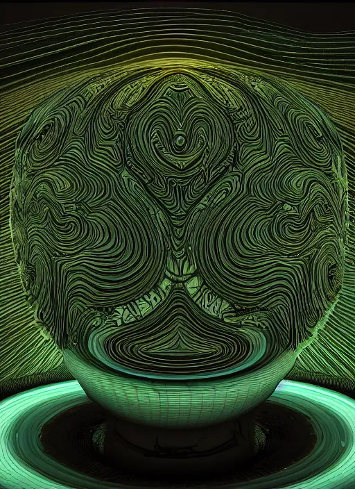 Prompt: a highly detailed vfx landscape of recursive speakers forming a 3 d head. 🔊 head. amplitude and frequency wave visualisation. bioluminescent metamorphic synaesthesia. graffuturism. ornate, hyperrealistic, octane render, chiaroscuro, inspired by greg rutkowski, android jones, beeple, shaun tan, frostbite 3 rendered