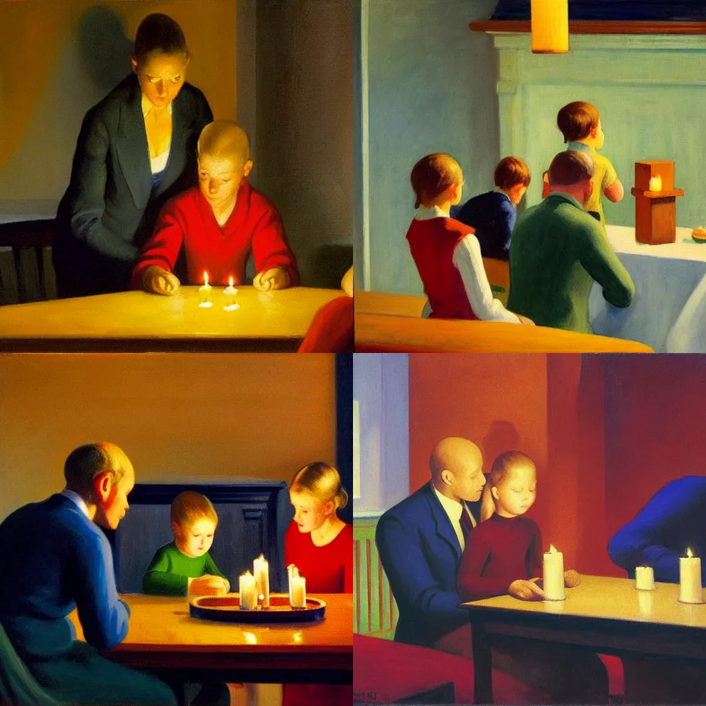 Prompt: A family playing Jenga by candlelight, painting by Edward Hopper