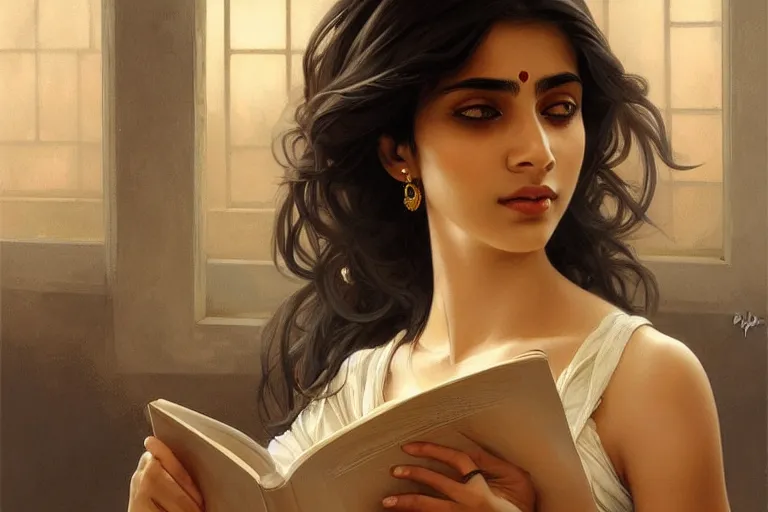 Image similar to sensual good looking pale young bengali girl with soulful eyes reading a novel, portrait, elegant, intricate, digital painting, artstation, concept art, smooth, sharp focus, illustration, art by artgerm and greg rutkowski and alphonse mucha