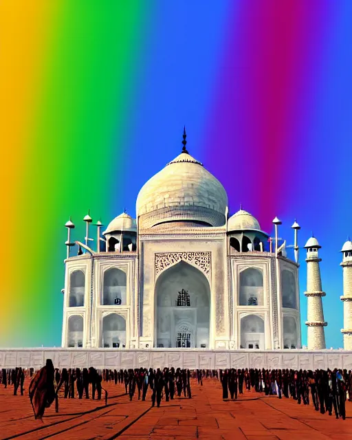 Image similar to gay pride!!!! at taj mahal. high quality photorealistic octane render 4 k, hyperrealism, volumetric fog, serious, cgstation, symmetric