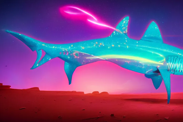 Image similar to a holographic projection of a huge colorful lucid shark made of light beams appears in the desert at night, a man is stunned, by anton fadeev, highly - detailed, fantasy, sci - fi