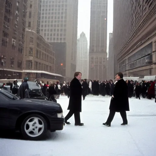 Image similar to 1 9 9 8 andy richter wearing a black wool coat and necktie slipping on ice in the streets of chicago at 3 pm in winter.