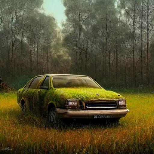Image similar to hyper realistic painting of an australian landscape, an abandoned holden commodore covered with moss. by Simon Stålenhag