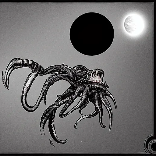 Prompt: a biomechanical space kraken eating one of the moons of Jupiter