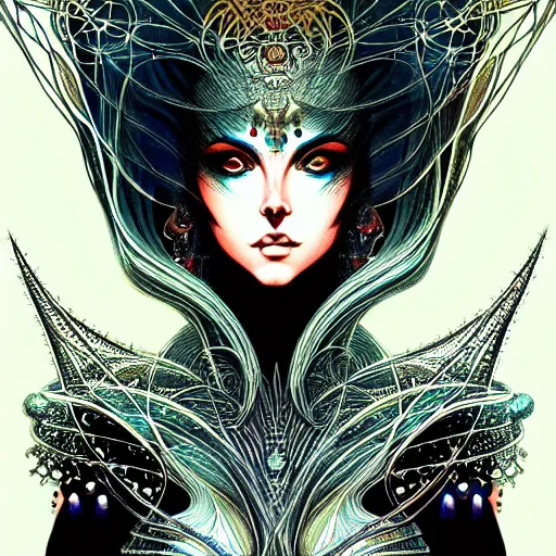 Image similar to a symmetrical portrait of a mystical feminine creature with glowing energies and particals, metal scales, surrounded by spirits, gloomy cinematic lighting, highly detailed, illustrated novel, by artgerm and miura and druillet