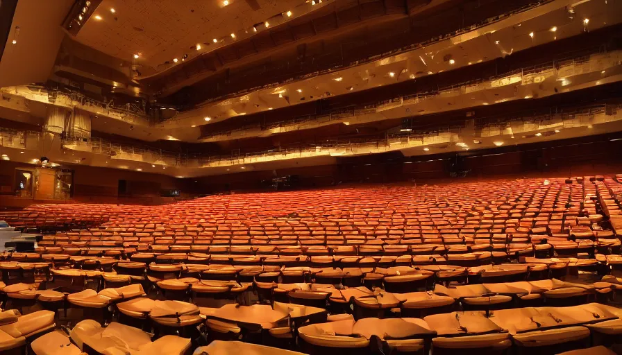 Image similar to inside view of kabuki theatre hall from auditorium to stage ， by hiroshi yoshida, wide - angle lens