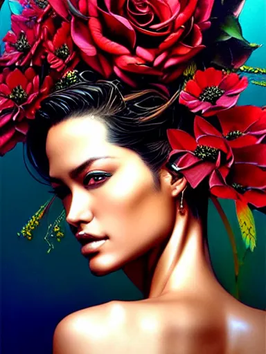 Image similar to a portrait of latina supermodel with a floral background by karol bak, artgerm, moebius, yoji shinkawa : : portrait, illustration, photorealism, hyperrealism