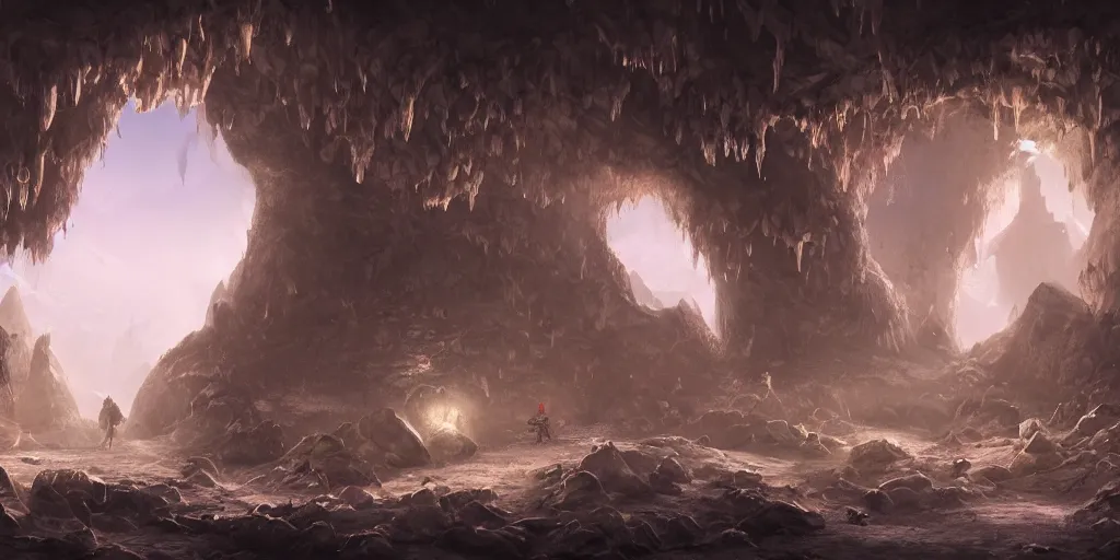 Image similar to fantasy matte painting of a cave with huge glowing crystals in the walls and piles of bones on the floor, fantasy, sharp focus, artstation