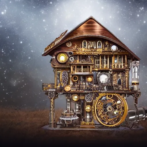 Image similar to Beautiful steampunk Swiss chalet made of intricate watch parts, cogs, gears, gearwheels, levers, jewels, shiny silver, shiny gold, architectural render, futuresynth, by Gabriel Dawe, by Skottie Young, by Jessica Rossier, by Isaac Cordal, Rolex, Breitling, Jacob & Co, Omega, Tag Heur