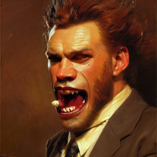 Image similar to a portrait of a gnoll wearing a suit and pulling his tongue at the viewer. highly detailed painting by gaston bussiere, craig mullins, j. c. leyendecker 8 k