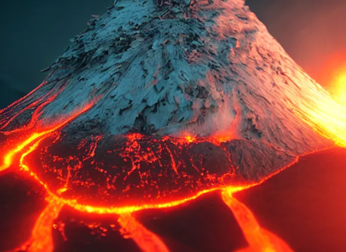 Prompt: highly detailed photo of an erupting volcano with lava flowing down the sides, film, photography, bokeh, Canon 50mm, cinematic lighting, volumetric light, octane, octane render, redshift render