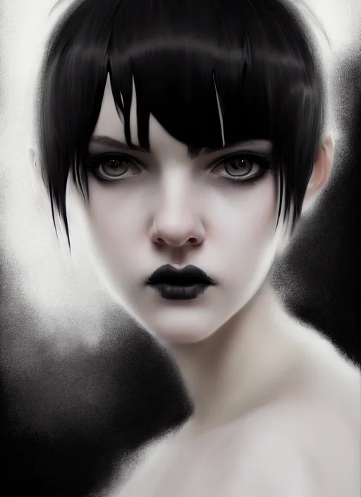 Prompt: portrait of white teenage girl, normal face, black bangs, mall goth, cyberlox, black and white hair, bangs, fluffy bangs, intricate, elegant, highly detailed, digital painting, artstation, concept art, sharp focus, smooth, illustration, art by wlop, mars ravelo and greg rutkowski