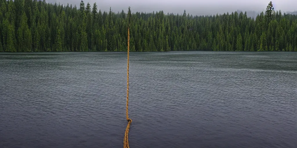 Image similar to centered photograph of a infinitely long rope zig zagging snaking across the surface of the water into the distance, floating submerged rope stretching out towards the center of the lake, a dark lake on a cloudy day, color film, trees in the background, hyper - detailed photo, anamorphic lens