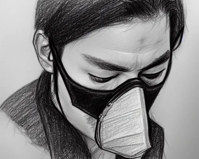 Image similar to draft drawing of a european man covering her face with mask, a sketch by choro choi, thin stroke, trending on artstation, context art, pencil sketch, high detail