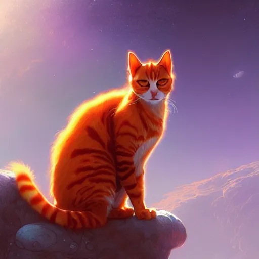 Image similar to A fuzzy orange cat sitting on planet earth, fantasy, intricate, elegant, highly detailed, digital painting, artstation, concept art, matte, sharp focus, illustration, art by Artgerm and Greg Rutkowski and Alphonse Mucha