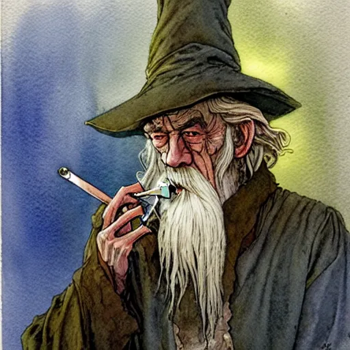 Image similar to a realistic and atmospheric watercolour fantasy character concept art portrait of gandalf with bloodshot eyes smoking a pipe looking at the camera with a pot leaf nearby by rebecca guay, michael kaluta, charles vess and jean moebius giraud