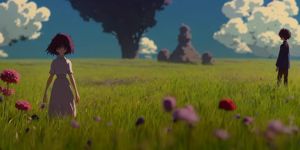 Prompt: a wholesome animation key shot of an empty beautiful grass field with flowers, howl's moving castle inspired by studio ghibli, animation, sharp, rendered in unreal engine 5, focused, anime key art by greg rutkowski, bloom, dramatic lighting