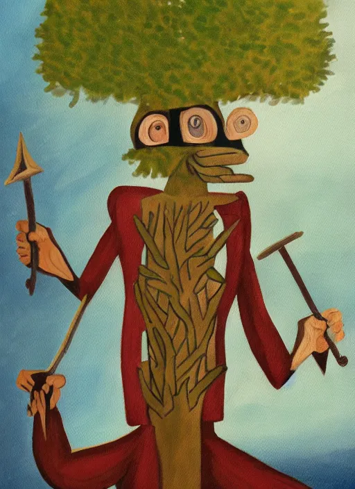 Image similar to painting of a tree person wearing a tuxedo holding two swords in his wooden hands