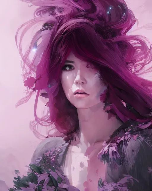 Image similar to a highly detailed digital art of A beautiful woman, with medium length magenta hair covering an eye, and a tall tree, and large obsidian crystals, cinematic lighting, dramatic atmosphere, by Dustin Nguyen, Akihiko Yoshida, Greg Tocchini, Greg Rutkowski, Cliff Chiang, 4k resolution, trending on artstation