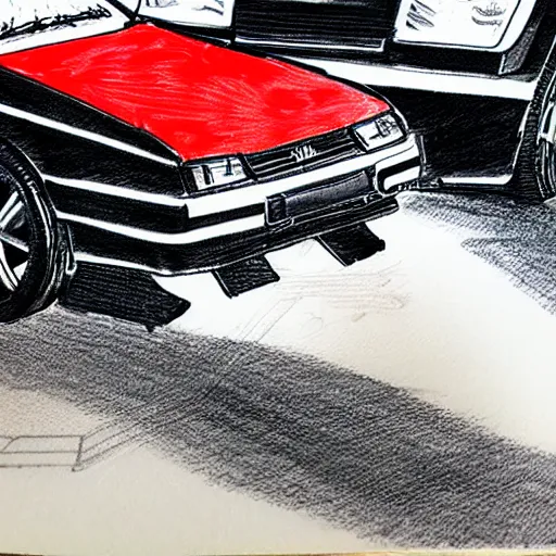 Image similar to black AE86 Trueno red glowing drawn by Shuichi Shigeno and Michiharu Kusunoki pen ink drawing