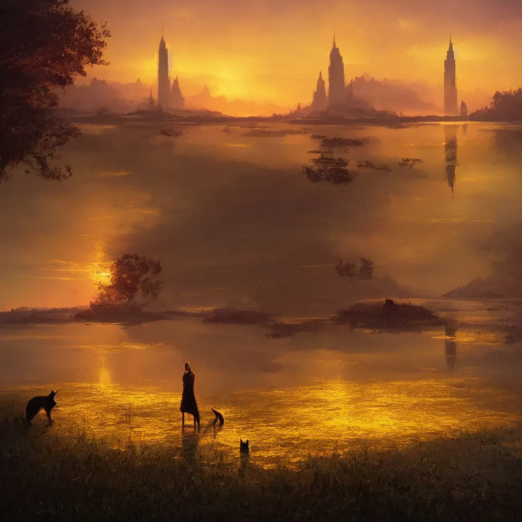 Image similar to lake filed with molten gold, volume lighting, cat on for ground and purple tower on back ground concept art, by greg rutkowski