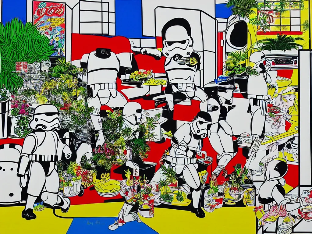 Image similar to hyperrealism composition of the asian home with a garden, detailed stormtrooper in hot springs, pop - art style, jacky tsai style, andy warhol style, roy lichtenstein, acrylic on canvas