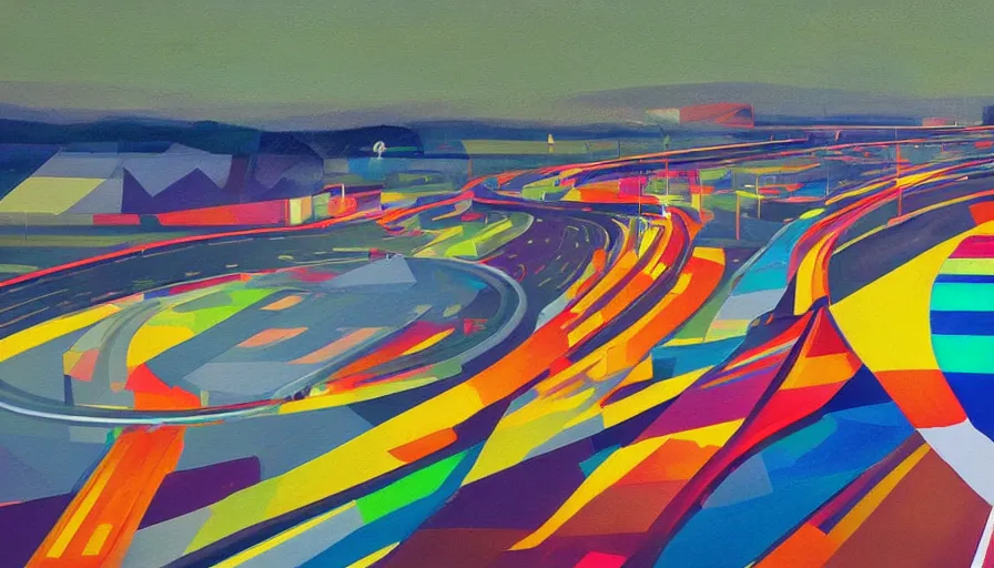 Image similar to a geometric, colourful, painting of a car driving down a highway