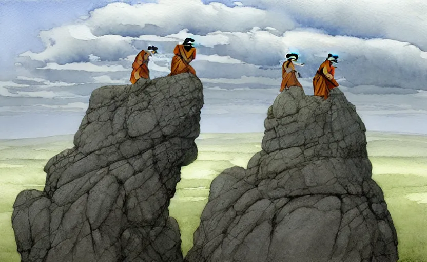 Prompt: a hyperrealist watercolour concept art of a group of grey monks levitating a huge rock in the air over their head. it is a misty night on the moors of ireland. a large flat rock is in the sky. by rebecca guay, michael kaluta, charles vess and jean moebius giraud. high detail, hq, wide shot