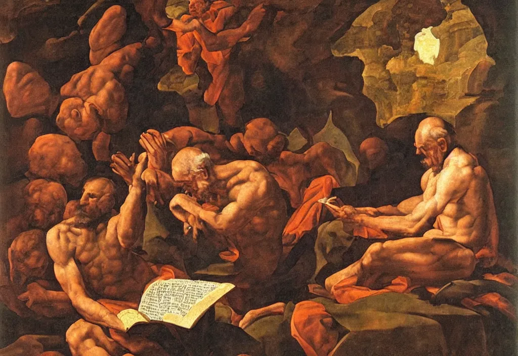 Prompt: saint jerome in the cave translating the bible into vulgate oil painting in the style of michelangelo