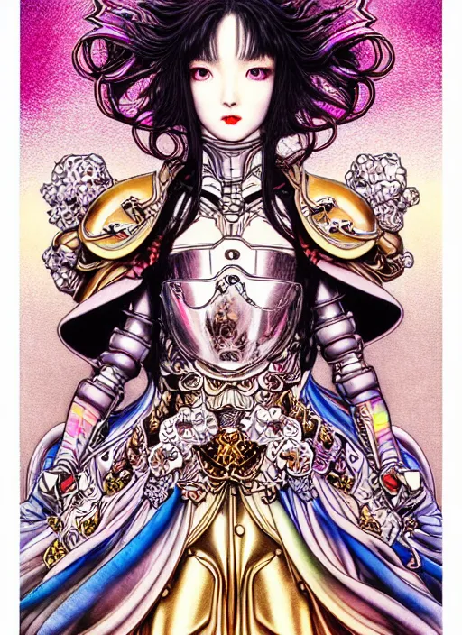 Image similar to highly detailed terada katsuya ayami kojima atrstation manga poster of princess mechine, rainbow gradient reflection, cute face by artgerm, art nouveau, long hair, armor, dress, laces, ruffles, 8 k, maximalist, golden ratio, jump comics