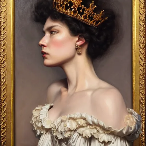 Image similar to highly detailed oil painting | very intricate | cinematic lighting | award - winning | portrait of the queen of roses dressed by alexander mcqueen | by roberto ferri, by tom bagshaw, by j. c. leyendecker and klimt, american romanticism, by austin osman spare, artstation, cgsociety, official art, octane