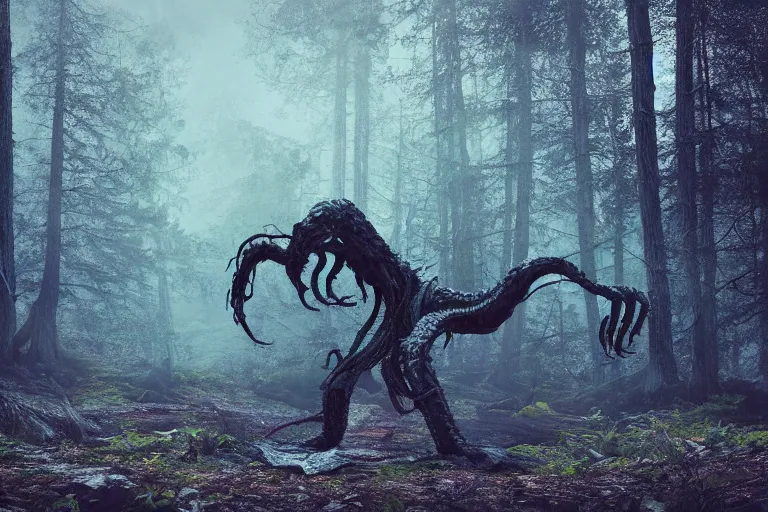 Image similar to creepy eldritch monster in a swedish forest, very low angle photograph, very detailed, trending on artstation, realistic, soft colors, simon stålenhag, lovecraft, horror