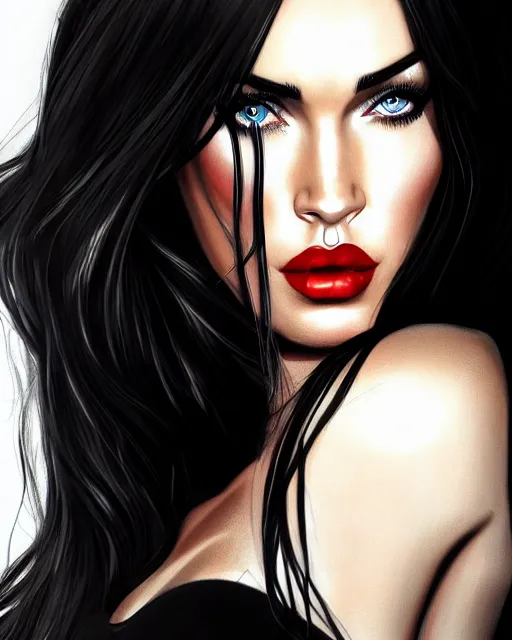 Prompt: closeup portrait beautiful seductive megan fox with long windblown hair in a black party dress, red lipstick, glamour pose, detailed illustration, digital art, trending on artstation, arney freytag, graffiti, gta 5,