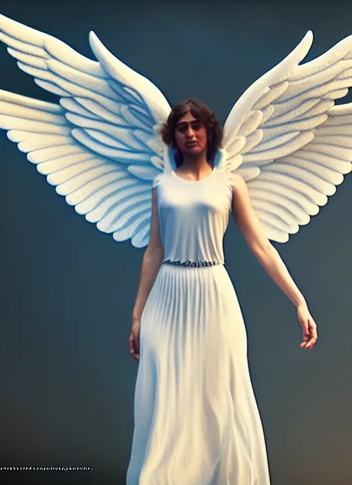 Image similar to beautiful angel with fully spread wings floating in the air!!, highly intricate wings!, cinematic light, rendered in unreal 5,