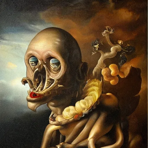 Image similar to refined gorgeous blended oil painting with black background by christian rex van minnen rachel ruysch dali todd schorr of a chiaroscuro portrait of an extremely bizarre disturbing mutated man with shiny skin acne dutch golden age vanitas intense chiaroscuro cast shadows obscuring features dramatic lighting perfect composition masterpiece