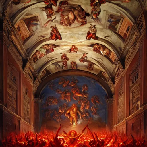 Image similar to the sistine chapel's ceiling is broken in half as a red magical portal from hell opens up, lucifer morningstar emerges along with a few demons, the priests and the pope look at the scene with terror in their eyes. highly detailed painting by gaston bussiere, greg rutkowski, craig mullins 8 k