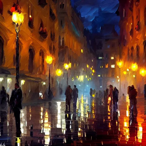 Prompt: vienna at night by craig mallism, leonid afremov, artgerm, jeremy lipkin and michael garmash, unreal engine,