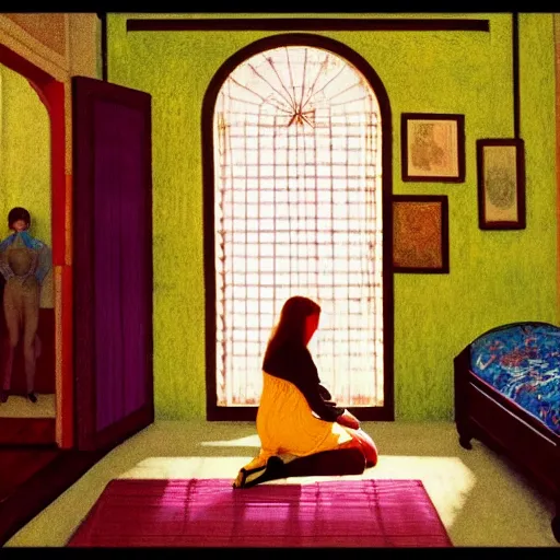Prompt: a a lonely girl in a liminal room, film still by wes anderson, depicted by velazquez, limited color palette, very intricate, art nouveau, highly detailed, lights by hopper, soft pastel colors, minimalist