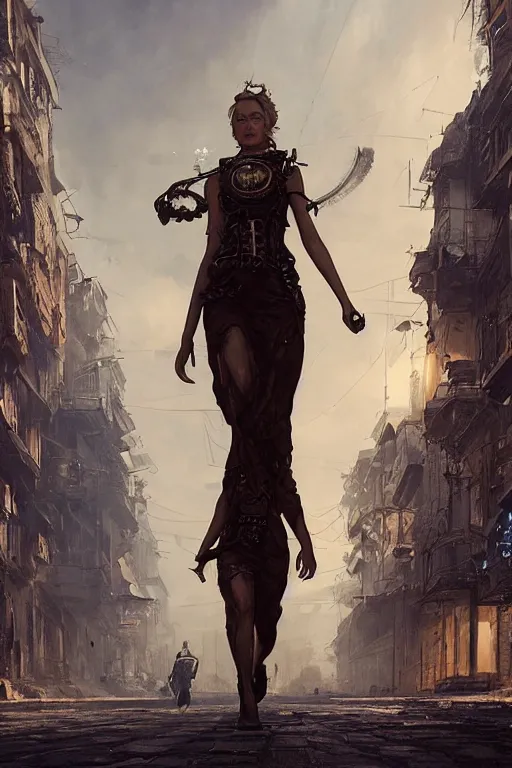 Prompt: a fancy portrait of Jenifer Lawrence walking down the street of a steampunk city by Greg Rutkowski, Sung Choi, Mitchell Mohrhauser, Maciej Kuciara, Johnson Ting, Maxim Verehin, Peter Konig, final fantasy , mythical, 8k photorealistic, cinematic lighting, HD, high details, atmospheric,