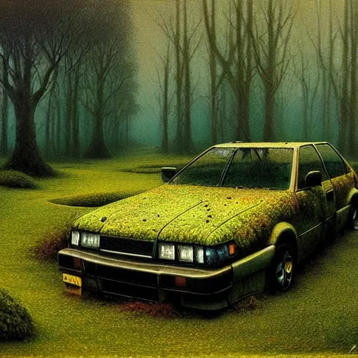 Prompt: hyper realistic painting of an abandoned JZX100 twin turbo covered with moss, an Australian summer landscape, by Zdzislaw Beksinski