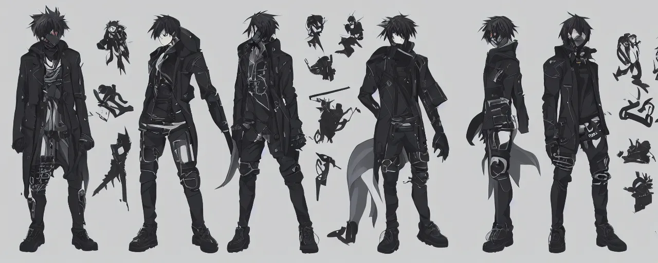 Prompt: a male anime cyberpunk hero protagonist with two swords, wearing a heavy jacket and heavy black boots, character concept exploration, outfit designs, trending on artstation; clear silhouette, lineart only, perfect anatomy, clean edges