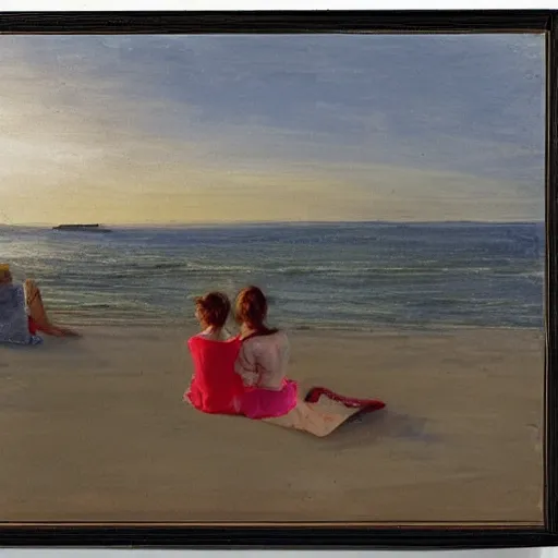 Prompt: a nine year old blonde girl and her two parents sit on a blanket at the beach and watch through sun go down in the style of anders zorn