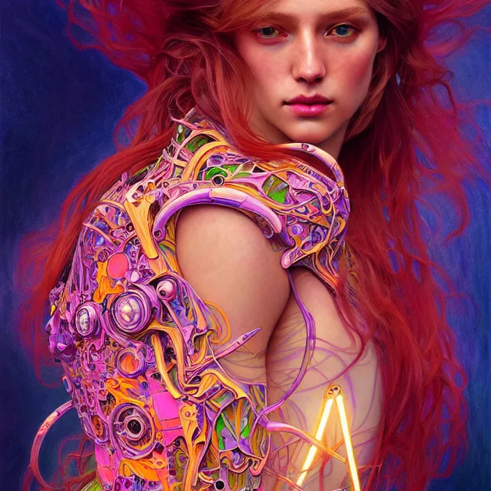 Image similar to bright psychedelic organic cyborg with glowing skin and long hair, diffuse lighting, fantasy, intricate, elegant, highly detailed, lifelike, photorealistic, digital painting, artstation, illustration, concept art, smooth, sharp focus, art by John Collier and Albert Aublet and Krenz Cushart and Artem Demura and Alphonse Mucha