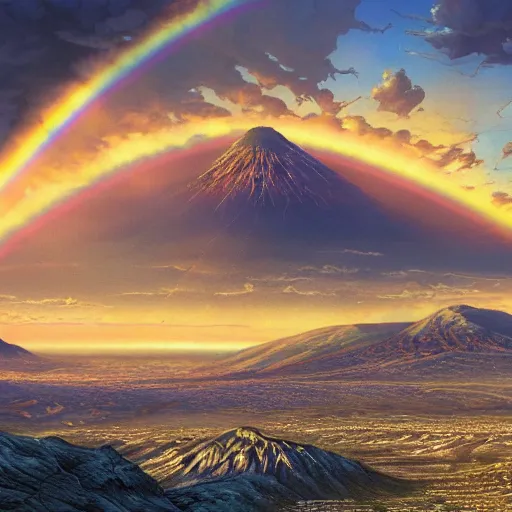 Prompt: a detailed matte painting of noah's ark, double rainbow in a clear blue sky, mount ararat far away in the background, art by dan mumford and yusuke murata and makoto shinkai and ross tran, cosmic, heavenly, god rays, intricate detail, cinematic, 8 k, cel shaded, unreal engine, featured on artstation, pixiv