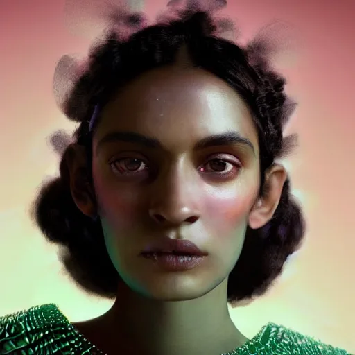 Image similar to a close - up shot of a brown woman wearing a luminous armor made of neon jelly fishes. extremely soft lighting. fragile. peach background. haunting eyes!! coherent face!! no makeup!! muted colors. by ray caesar. by louise dahl - wolfe. by andrea kowch. surreal photography